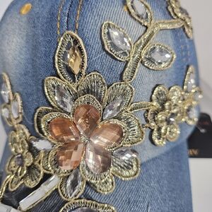 Denim Embellished Flower Baseball Cap with Gold Trim